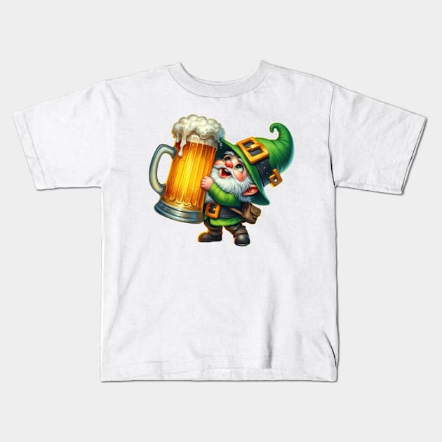 St Patricks Day Gnome Drinking Beer Kids T-Shirt by Chromatic Fusion Studio